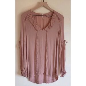 Free People Dusty Rose Lace Shoulder‎ Blouse XS Boho Ruffle Tunic Top Soft Era